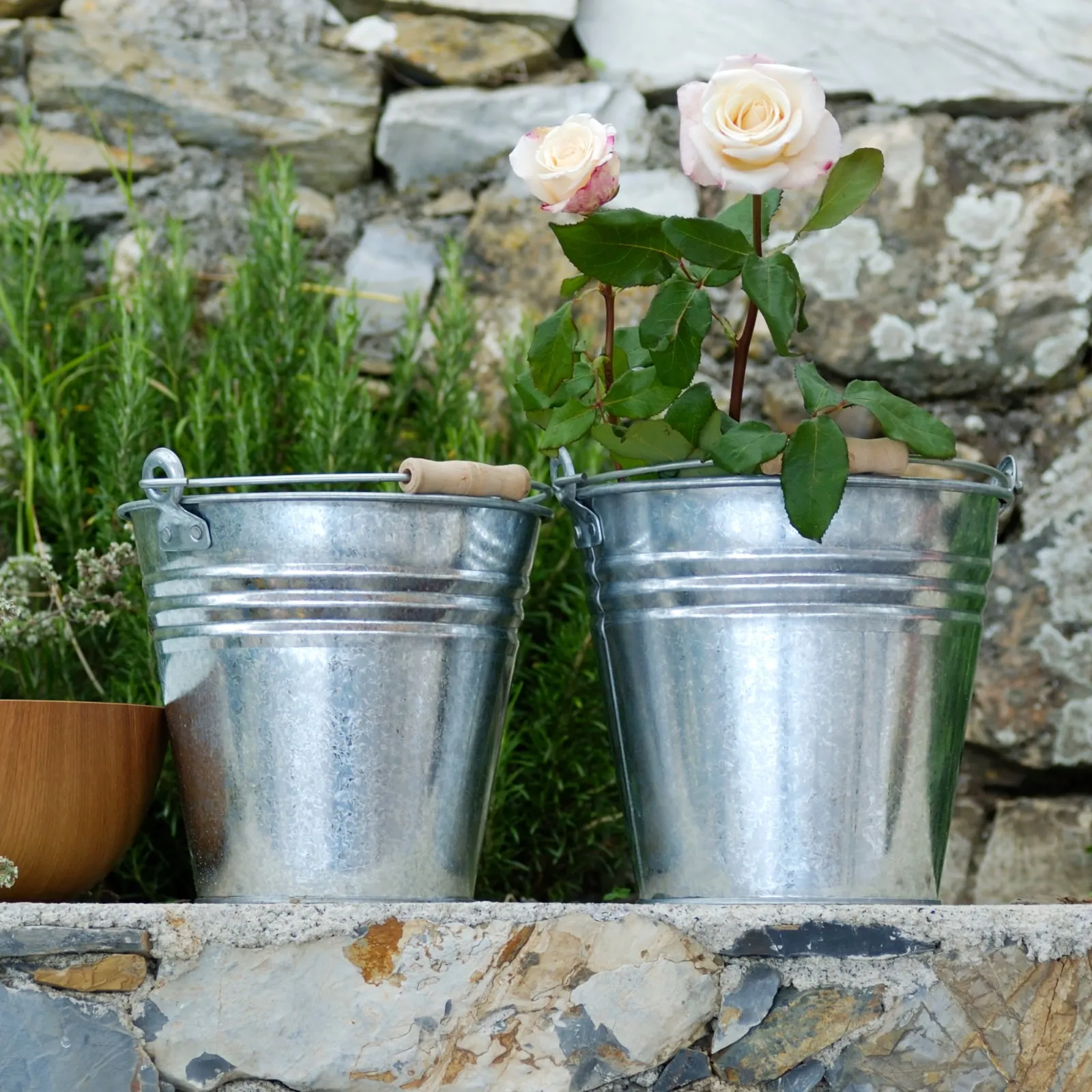 Zinc Bucket With Wooden Holder